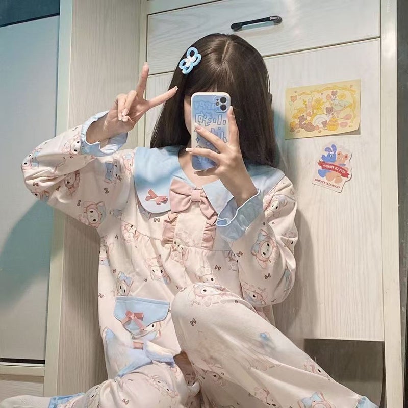 Sweet Ins Style Plaid Floral Pajamas for Women - Spring/Autumn Casual Long Sleeve Japanese Home Wear