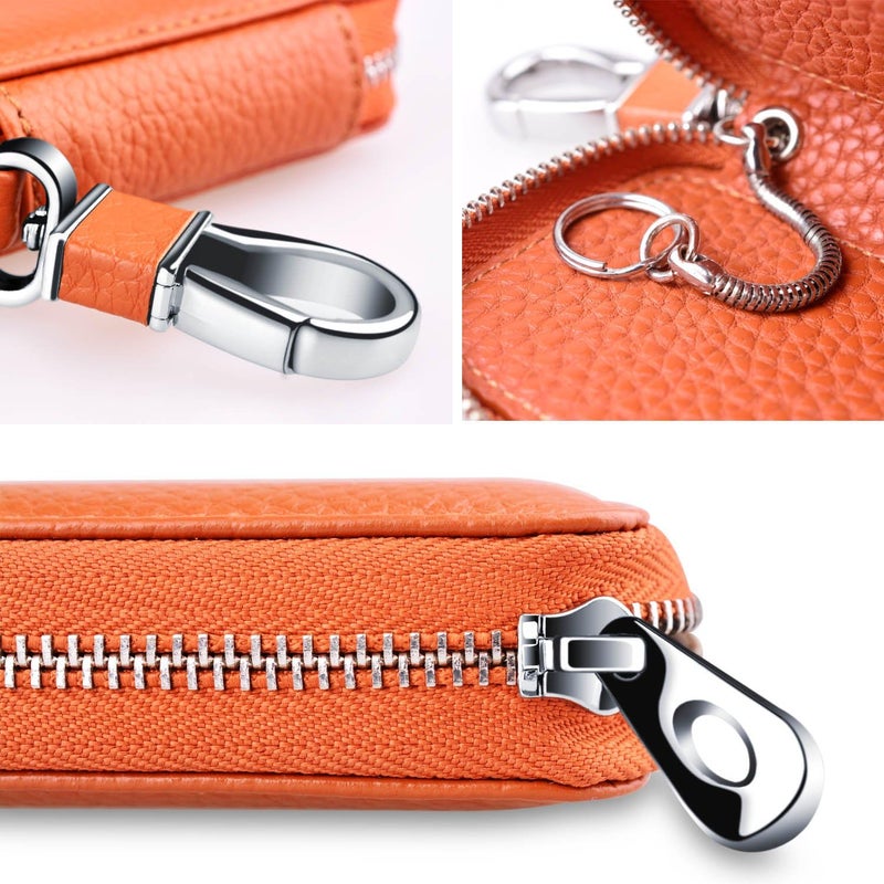 Buffway Car keychain,Genuine Leather Car Key Chain Coin Holder Metal Hook and Keyring Wallet Zipper Bag for Vehicle Keyless Entry - Brown - Image 4