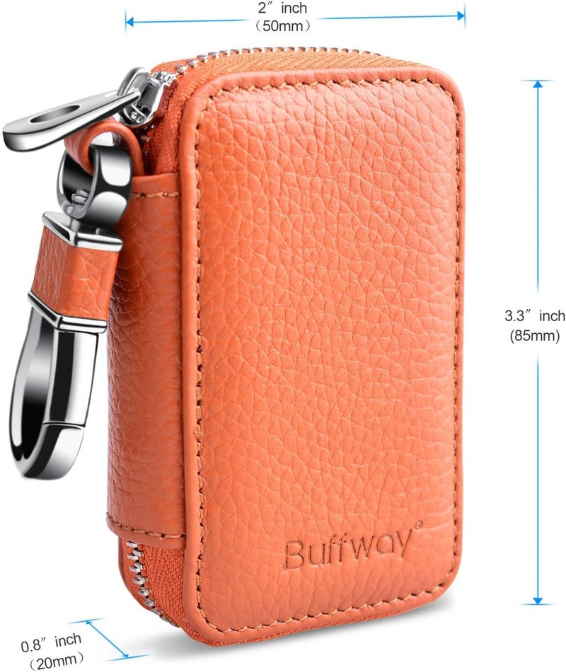 Buffway Car keychain,Genuine Leather Car Key Chain Coin Holder Metal Hook and Keyring Wallet Zipper Bag for Vehicle Keyless Entry - Brown - Image 3