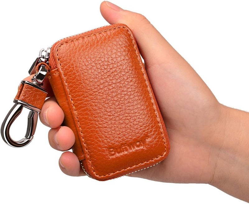 Buffway Car keychain,Genuine Leather Car Key Chain Coin Holder Metal Hook and Keyring Wallet Zipper Bag for Vehicle Keyless Entry - Brown - Image 2