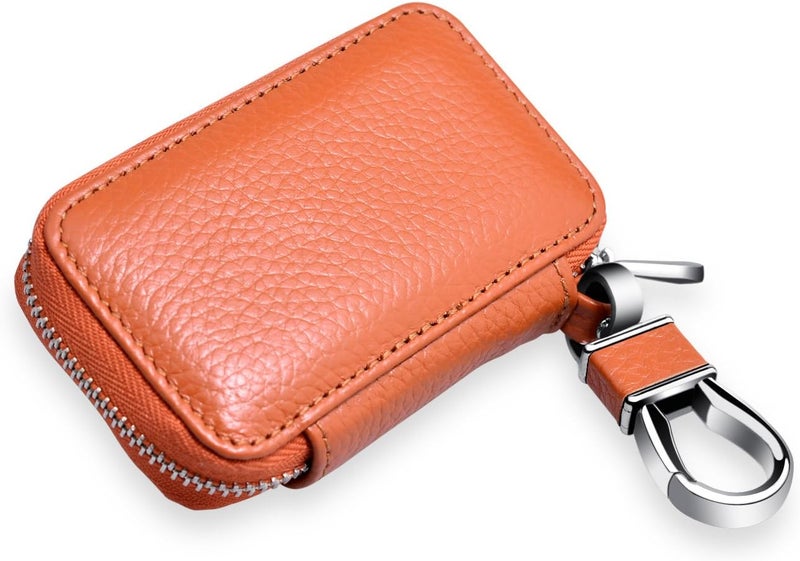 Buffway Car keychain,Genuine Leather Car Key Chain Coin Holder Metal Hook and Keyring Wallet Zipper Bag for Vehicle Keyless Entry - Brown - Image 5