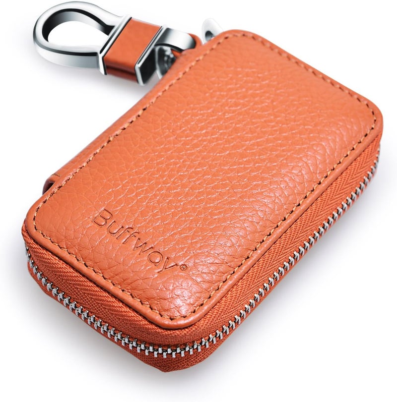 Buffway Car keychain,Genuine Leather Car Key Chain Coin Holder Metal Hook and Keyring Wallet Zipper Bag for Vehicle Keyless Entry - Brown - Image 1