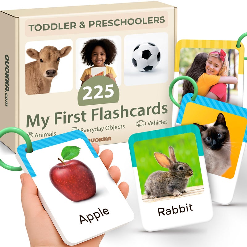 QUOKKA 225 Toddler Flash Cards with Rings â€“ Realistic Learning Cards for Ages 1â€“3 â€“ Alphabet, First Words, Animals etc â€“ Portable Montessori Flashcards for Car Rides, Stroller Walks, Shopping &Travel - Image 1