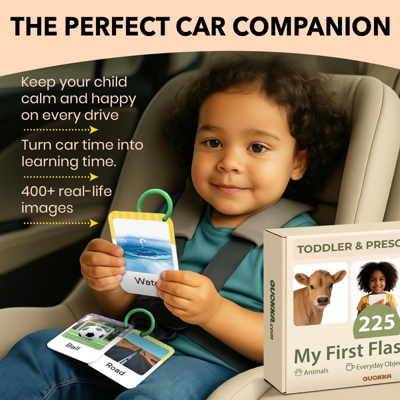 QUOKKA 225 Toddler Flash Cards with Rings â€“ Realistic Learning Cards for Ages 1â€“3 â€“ Alphabet, First Words, Animals etc â€“ Portable Montessori Flashcards for Car Rides, Stroller Walks, Shopping &Travel - Image 2
