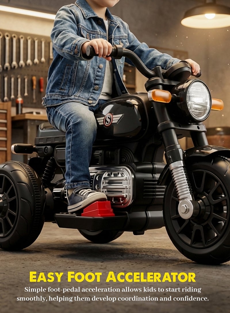 BAYBEE Bravo Childrens Electric Bike for Kids | Rechargeable Kids Bike with Foot Accelerator, LED Lights & Music | Big Battery Operated Bikes | Childrens Electric Ride on for Kids to Drive 2 Years to 5 Years Boy Girl Black - Image 4