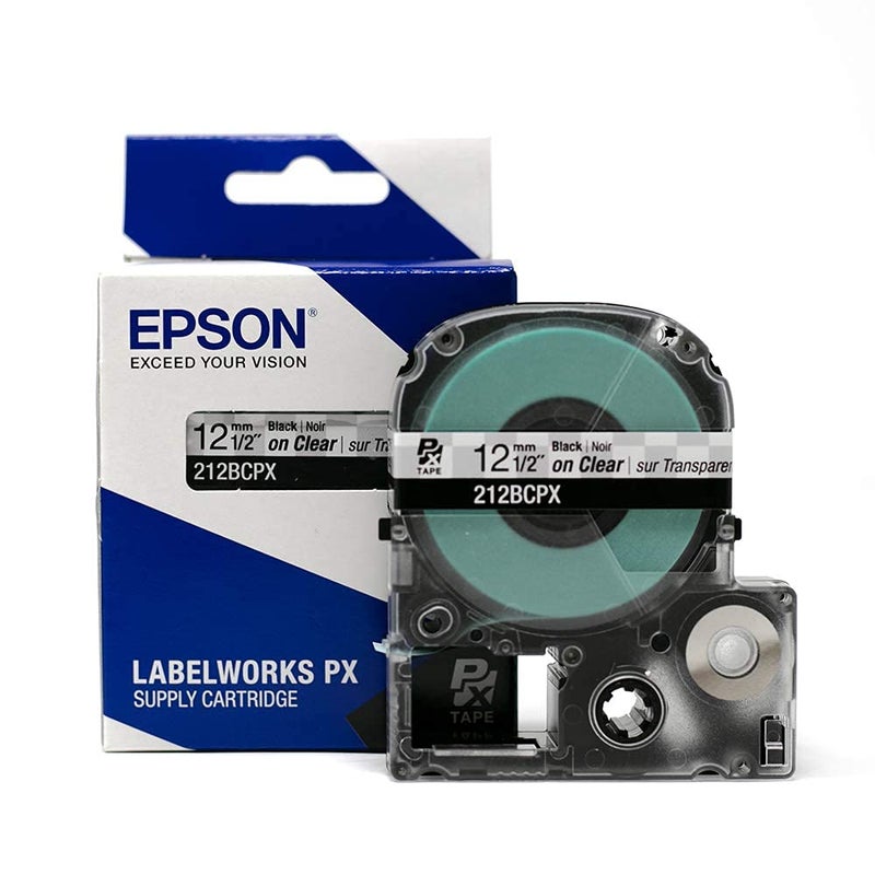 LABELWORKS Epson 212BCPX Genuine PET (Polyester) Tape Cartridge - Black on Clear Standard Industrial Label Maker Tape - 1/2" (12MM) Wide, 30 ft - Image 1