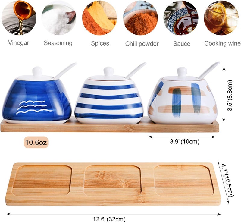 DGVR Porcelain Condiment Jar Spice Container with set of 3 Ceramic Condiment Pot Seasoning Box with Ceramic Serving Spoon and Lid - Bamboo Tray Porcelain Sugar Bowl for Home Kitchen 300ml (10.6oz) - Image 3