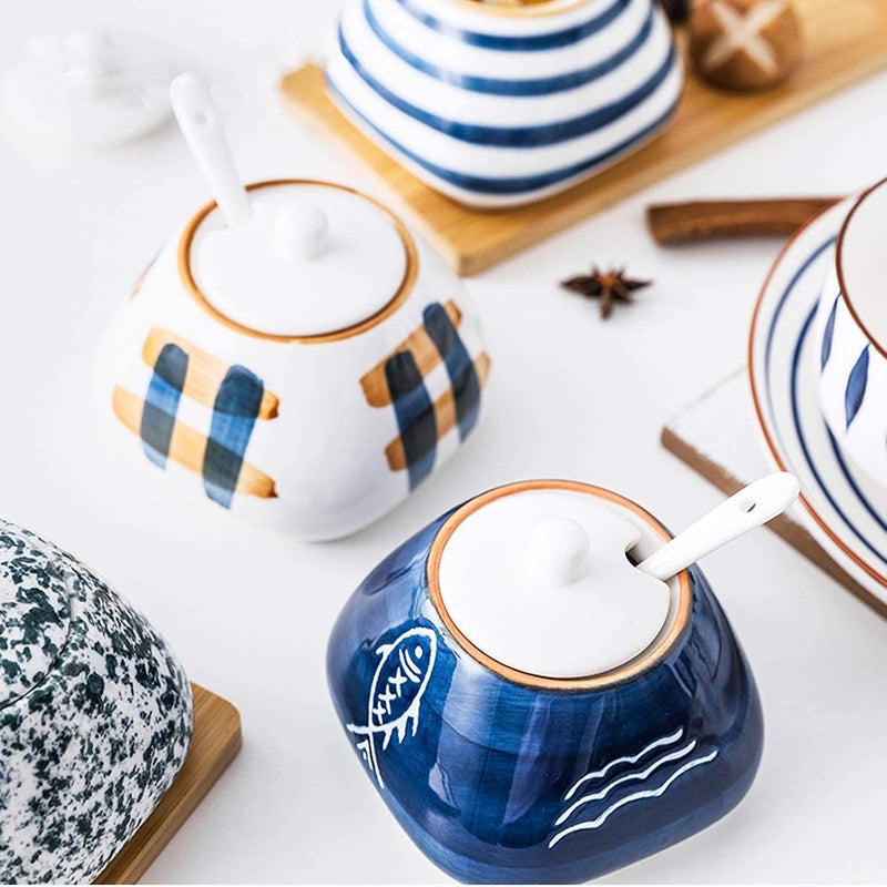 DGVR Porcelain Condiment Jar Spice Container with set of 3 Ceramic Condiment Pot Seasoning Box with Ceramic Serving Spoon and Lid - Bamboo Tray Porcelain Sugar Bowl for Home Kitchen 300ml (10.6oz) - Image 2
