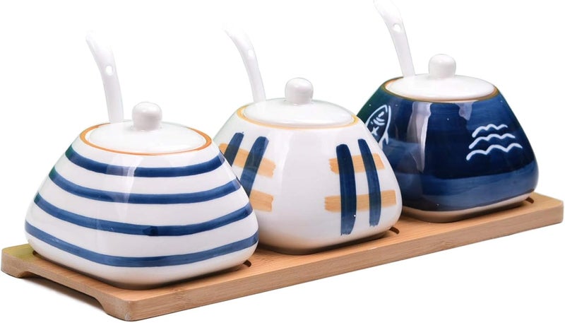 DGVR Porcelain Condiment Jar Spice Container with set of 3 Ceramic Condiment Pot Seasoning Box with Ceramic Serving Spoon and Lid - Bamboo Tray Porcelain Sugar Bowl for Home Kitchen 300ml (10.6oz) - Image 1