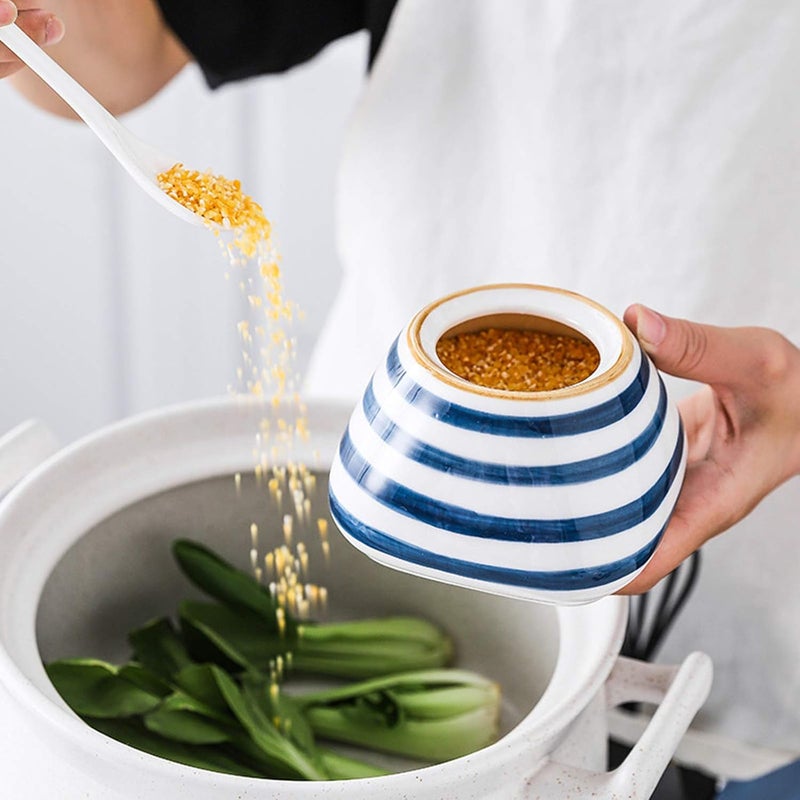DGVR Porcelain Condiment Jar Spice Container with set of 3 Ceramic Condiment Pot Seasoning Box with Ceramic Serving Spoon and Lid - Bamboo Tray Porcelain Sugar Bowl for Home Kitchen 300ml (10.6oz) - Image 5
