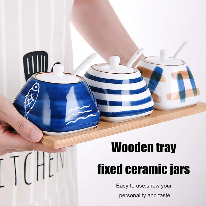 DGVR Porcelain Condiment Jar Spice Container with set of 3 Ceramic Condiment Pot Seasoning Box with Ceramic Serving Spoon and Lid - Bamboo Tray Porcelain Sugar Bowl for Home Kitchen 300ml (10.6oz) - Image 4