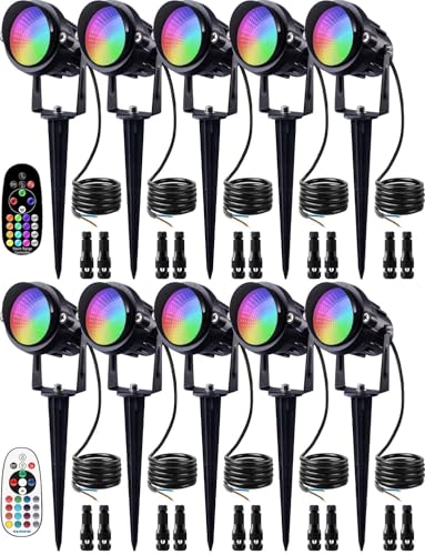 SUNVIE 12W Christmas Low Voltage Landscape Lighting RGB Color Changing LED Landscape Lights Remote Control Waterproof Garden Patio Spotlight Decoration for Outdoor Indoor(10 Pack with Connector) - Image 1