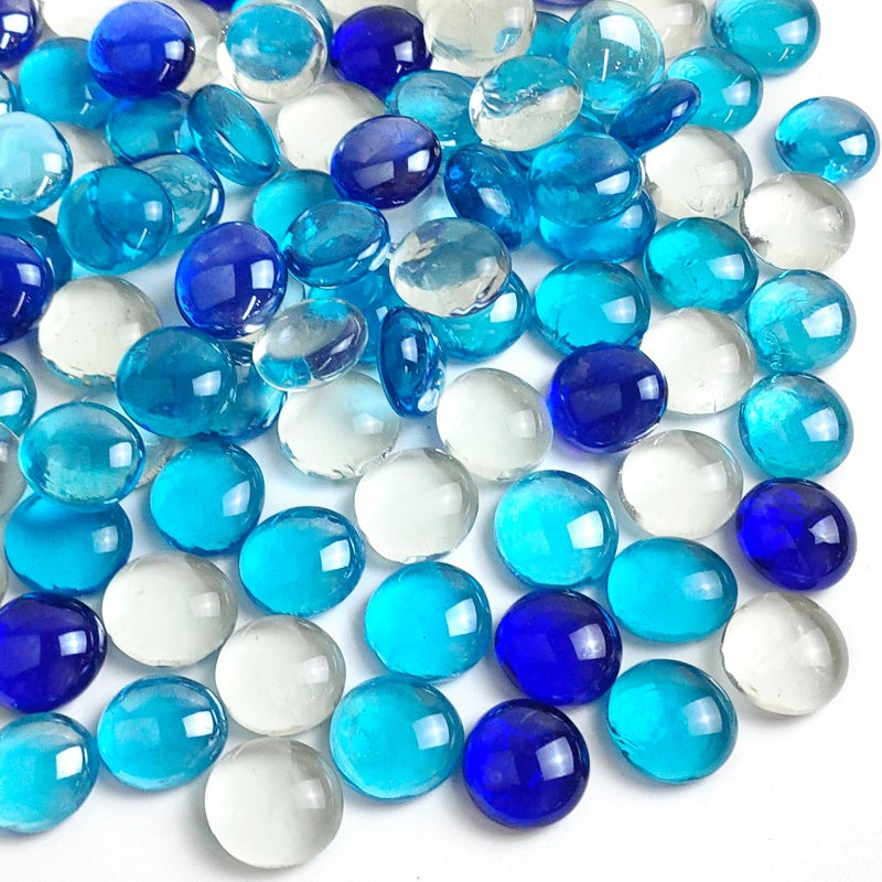 FANTIAN 1LB Flat Glass Marbles for Vase 100 Pcs Mixed Blue Color Glass Pebbles Glass Rocks for Vase Fillers Fish Tank Crafts Plant Pot Candle Bird Fountains and Wedding Decor