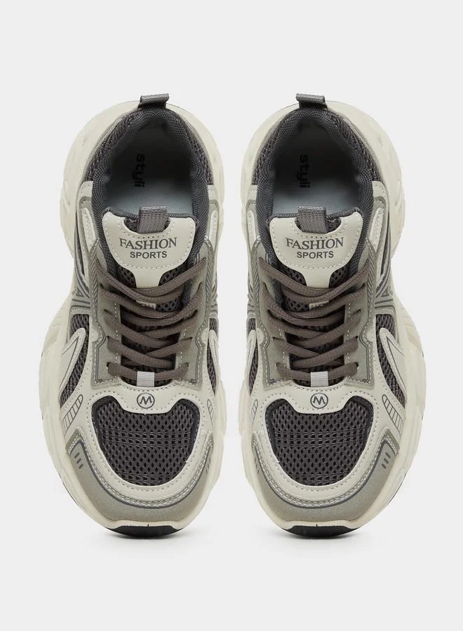 Styli Styli Color Block Lace-Up Chunky Sneakers with Back Pull Tab
