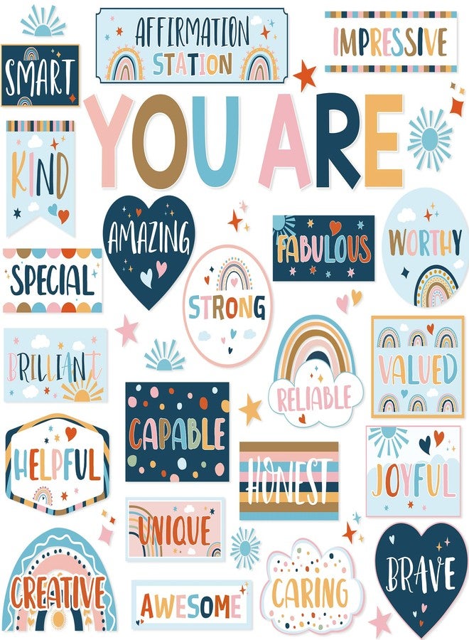 Sondeng Bulletin Board Decoration Boho Rainbow Bulletin Board Decor Set Mental Health Positive Inspirational Posters Motivational Cutouts for Classroom School Office Affirmation Station Decor Teacher Supplies - Image 1