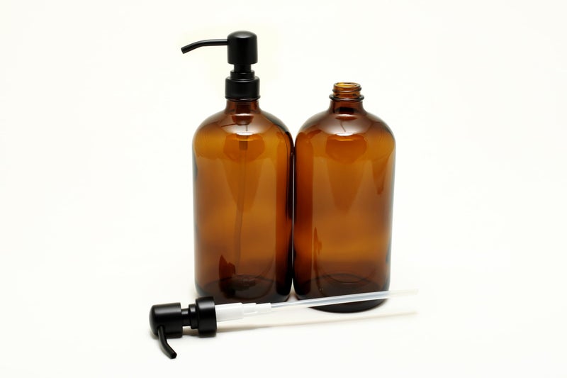 Vivaplex, 2, Large, 32 oz, Empty, Amber Glass Bottles with Stainless Steel, Matte Black, Lotion Pumps - Image 2