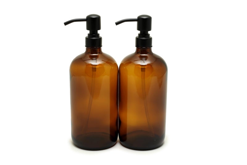 Vivaplex, 2, Large, 32 oz, Empty, Amber Glass Bottles with Stainless Steel, Matte Black, Lotion Pumps - Image 1