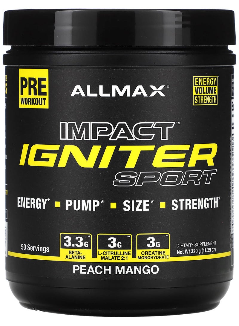 Allmax IMPACT™ IGNITER رياضي ، قبل التمرين ، خوخ مانجو ، 11.29 أونصة (320 جرام)