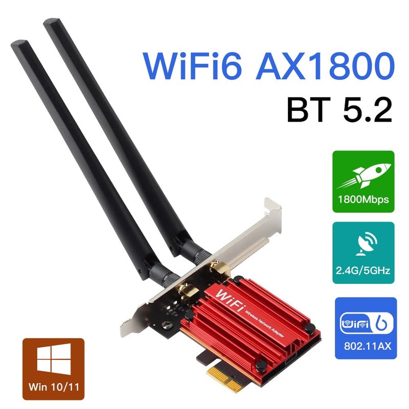 DERAPID WiFi 6 PCIe Card with Bluetooth 5.2 for Desktop, AX1800 Dual Band 2.4G/5G Wireless Adapter, 6dBi High Gain Antenna, Low Latency for Gaming & Streaming, Windows 10/11 - Image 2