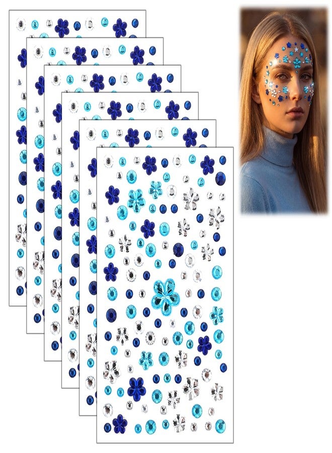 Gtziqa Blue Face Gems Stickers, 6 Sheets Flower Rhinestone Stickers Hair Jewels Hair Gems Stick on, Self-Adhesive Body Gem Glitter Makeup Sticker for Face, Eye, Nail, Body, Festival, Holiday, Party, Craft - Image 1