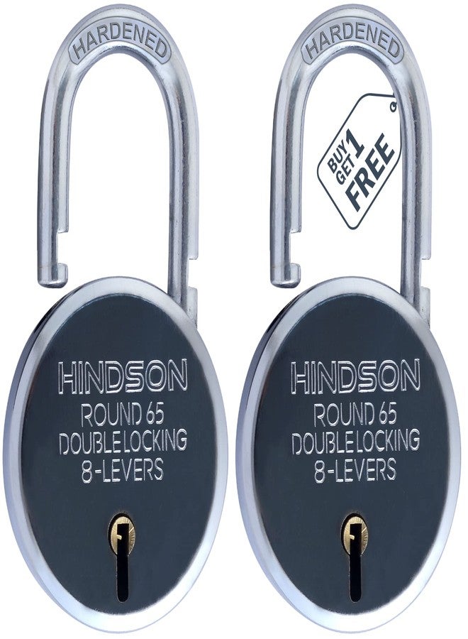 Hindson India Round 65mm Padlock – Heavy Duty Metal Body Lock with Double Locking Mechanism, 8 Steel Levers, 3 Silver Keys | Ideal for Door, Gate, Shutter | Pack of 2 - Image 1