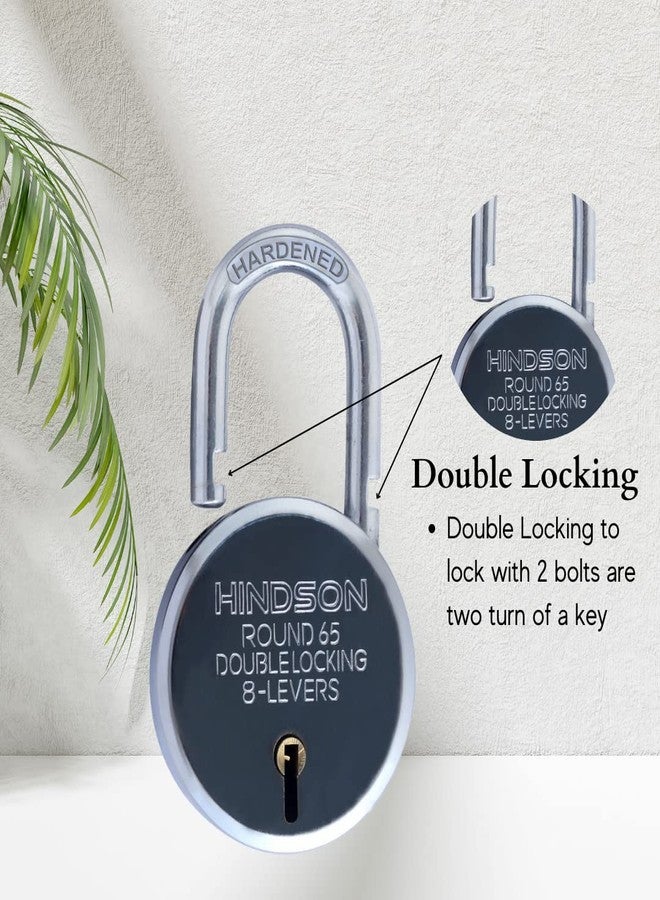 Hindson India Round 65mm Padlock – Heavy Duty Metal Body Lock with Double Locking Mechanism, 8 Steel Levers, 3 Silver Keys | Ideal for Door, Gate, Shutter | Pack of 2 - Image 3
