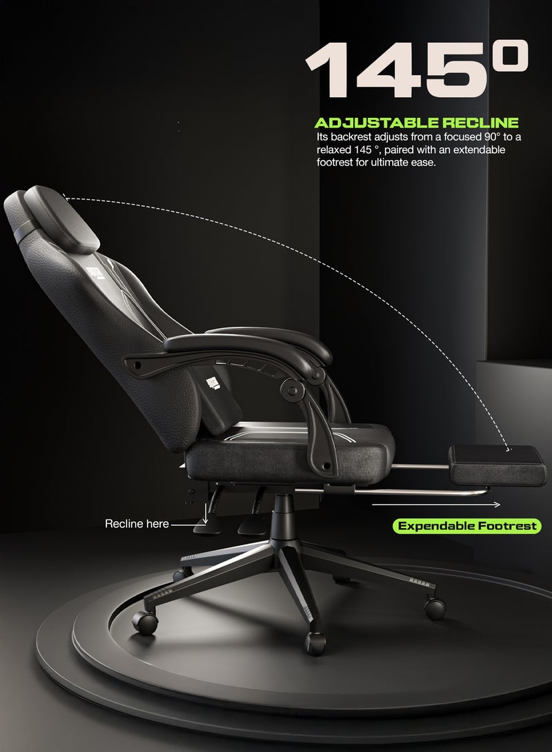 DROGO Premium Ergonomic Gaming Chair, Video Game Chair with Linkage Armrest, Footrest & Adjustable Seat, Computer Chair with PU Leather, Head & Massager Lumbar Pillow Home & Office Chair with Recline Black - Image 4