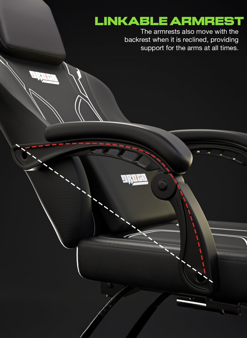 DROGO Premium Ergonomic Gaming Chair, Video Game Chair with Linkage Armrest, Footrest & Adjustable Seat, Computer Chair with PU Leather, Head & Massager Lumbar Pillow Home & Office Chair with Recline Black - Image 5