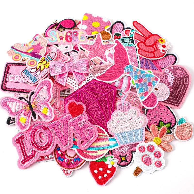 36pcs Pink Embroidered Patches Random Assorted Styles Pink Theme Iron on Patches for Girls Western Cowgirl DIY Sew Applique Repair Patch Cute Preppy Sew on Patches for Backpacks Pants Clothes Jeans