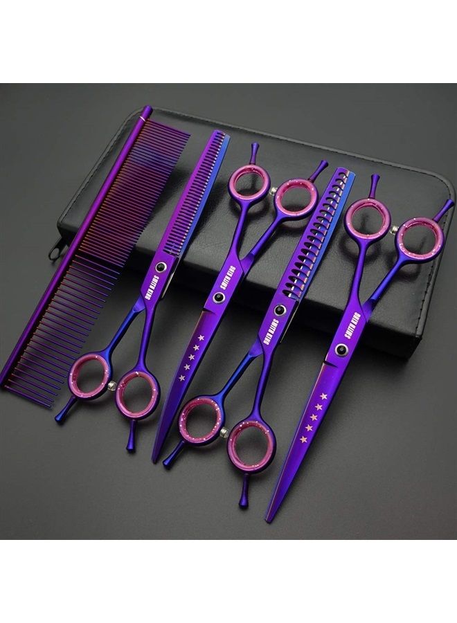Smithking 7.0 inches Professional Dog Grooming Scissors Set Straight & thinning & Curved & chunkers & comb 5pcs in 1 Set for left-handed & right handed - Image 1