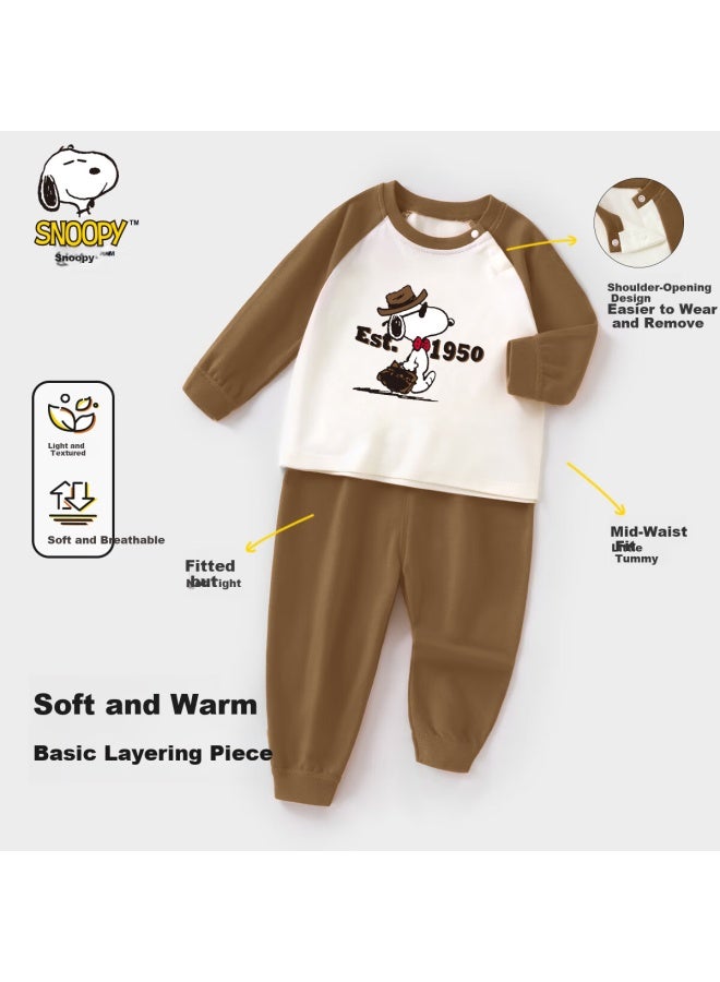 Snoopy Children's Autumn Winter Pure Cotton Thermal Underwear Set Warm Comfortable Boys And Girls Outfit Brown Denim Size 90
