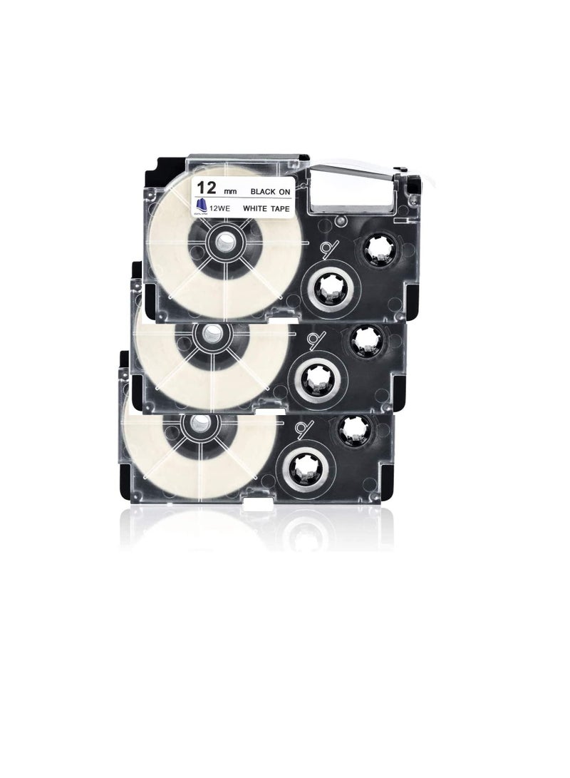كنب 3 عبوات استبدل شريط ملصقات كاسيو أسود على أبيض 12 مم × 8 متر XR 12WE 100٪ شريط إعادة تعبئة ملصقات متوافق مع طابعات كاسيو لكاتب الملصقات - Image 1
