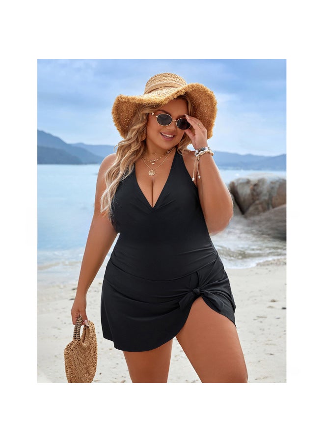 Loquat Plus Size Swimsuit European And American Fat Woman Skirt One-piece Swimsuit Conservative Cross Belly Covering 2024-Color:Green+black- - Image 4
