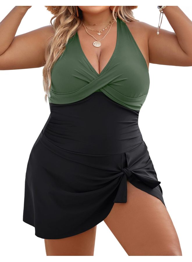 Loquat Plus Size Swimsuit European And American Fat Woman Skirt One-piece Swimsuit Conservative Cross Belly Covering 2024-Color:Green+black- - Image 1