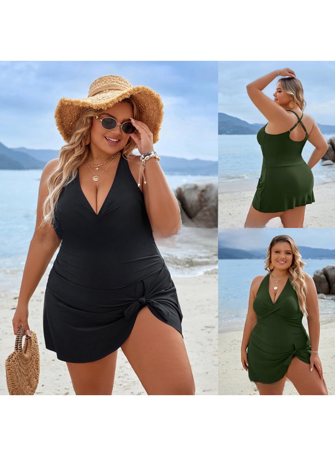 Loquat Plus Size Swimsuit European And American Fat Woman Skirt One-piece Swimsuit Conservative Cross Belly Covering 2024-Color:Green+black- - Image 2