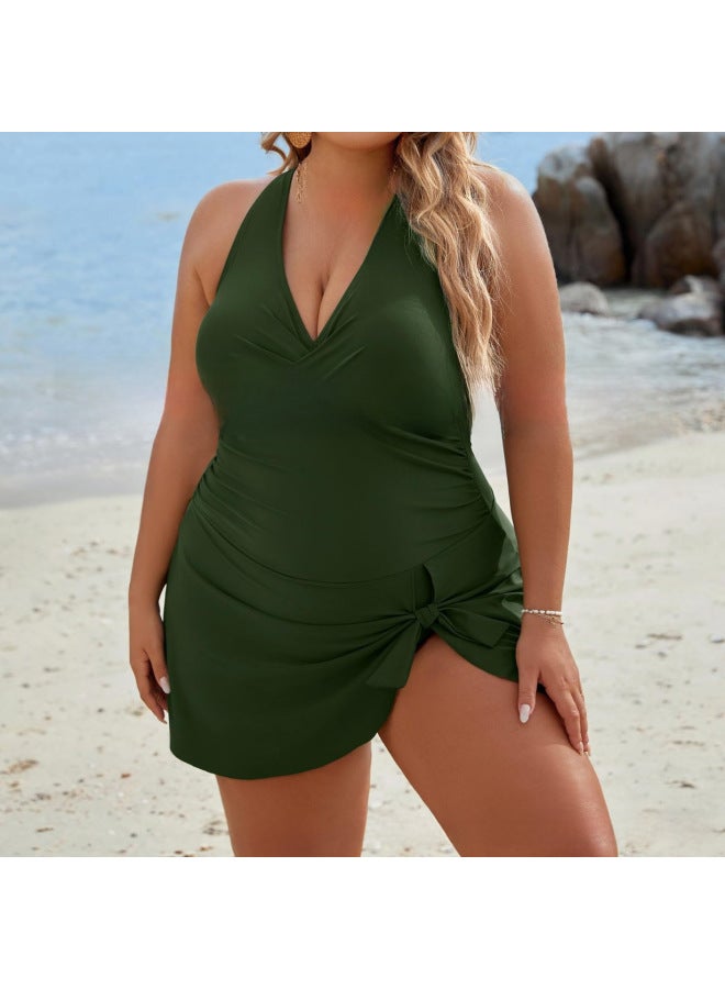 Loquat Plus Size Swimsuit European And American Fat Woman Skirt One-piece Swimsuit Conservative Cross Belly Covering 2024-Color:Green+black- - Image 5