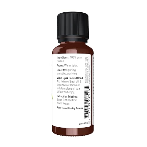 NOW Essential Oils, Basil Oil, Energizing Aromatherapy Scent, Stream Distilled, 100% Pure, Vegan, Child Resistant Cap, 1-Ounce - Image 2