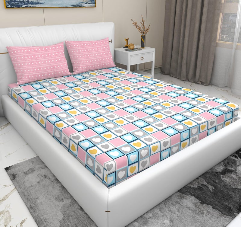 RD TREND® Presents Luxurious Supersoft Cotton Feel 210 Tc (100x108 Inch) bedsheet for Double Bed King Size with 2 Pillow Covers Size 18x28 Inch Color-Pink&White Heart - Image 1