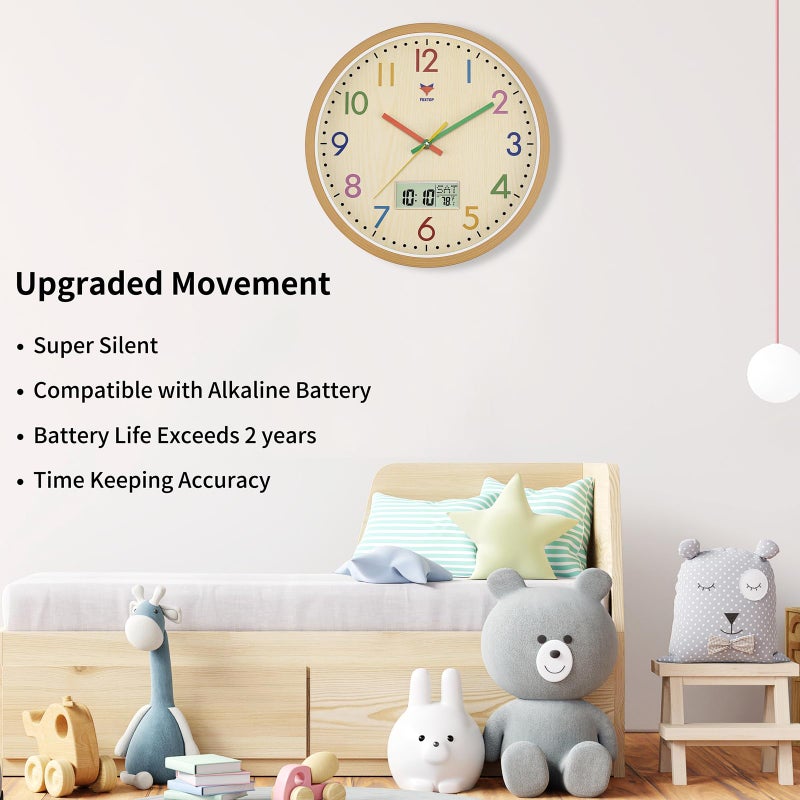 Foxtop Digital and Analog Kids Wall Clock 12 Inch Silent Non-Ticking Battery Operated Kids Clock for Kids Room Playroom Nursery Classroom School - Image 3