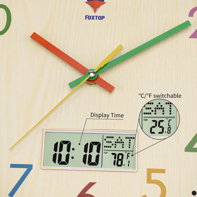 Foxtop Digital and Analog Kids Wall Clock 12 Inch Silent Non-Ticking Battery Operated Kids Clock for Kids Room Playroom Nursery Classroom School - Image 4