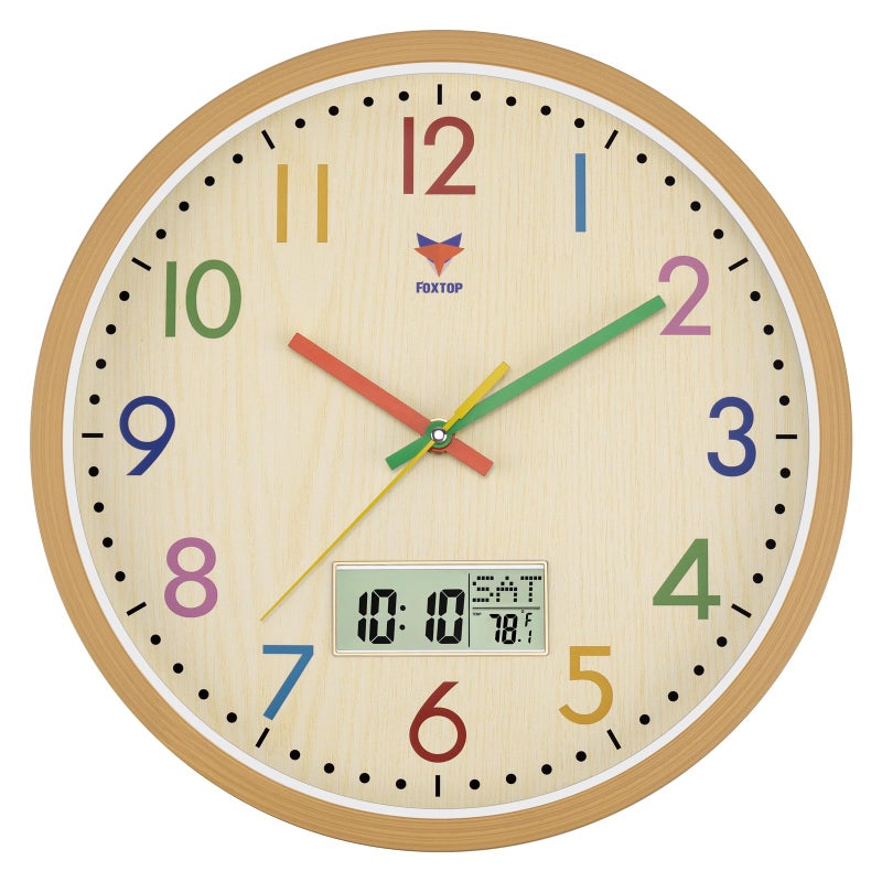 Foxtop Digital and Analog Kids Wall Clock 12 Inch Silent Non-Ticking Battery Operated Kids Clock for Kids Room Playroom Nursery Classroom School - Image 1
