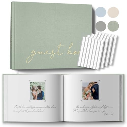 BVSSX Wedding Guest Book with Table Sign and 216 Photo Corners Stickers Linen Polaroid Guest Book for WeddingBaby Shower 100 Blank Pages Guestbook for Sign in and Photos Sage 8x10 - Image 1