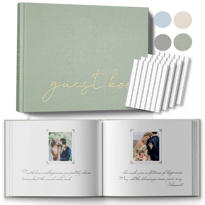 BVSSX Wedding Guest Book with Table Sign and 216 Photo Corners Stickers Linen Polaroid Guest Book for WeddingBaby Shower 100 Blank Pages Guestbook for Sign in and Photos Sage 8x10 - Image 2