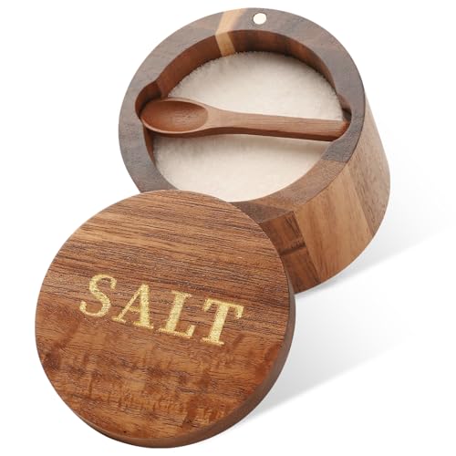 Timtopno Salt Cellar, Acacia Wood Salt Container with Built-in Spoon & Swivel Lid, Engraved SALT Box, Salt Holder Bowl for Countertop Seasoning Storage - Image 1