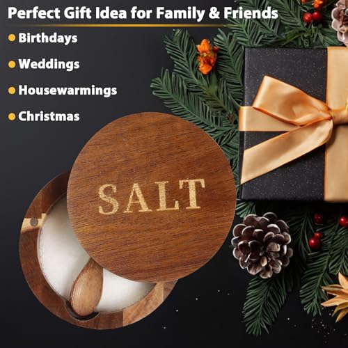Timtopno Salt Cellar, Acacia Wood Salt Container with Built-in Spoon & Swivel Lid, Engraved SALT Box, Salt Holder Bowl for Countertop Seasoning Storage - Image 5