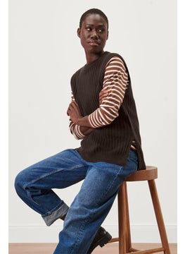 Women Round Neck Sweater Vest, Dark Brown
