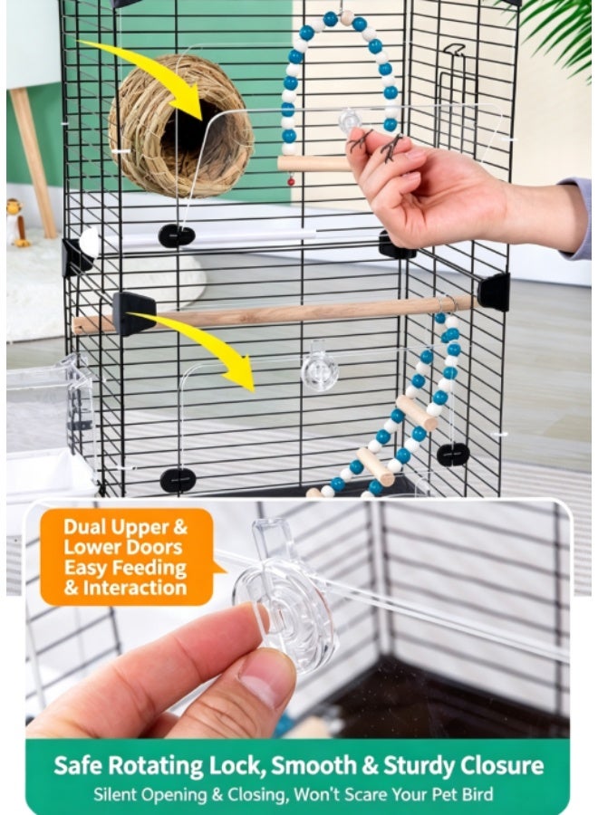 Tall Metal Parrot Bird Cage Complete Accessory Kit, Large Pet Cage with Perches Swing Straw Nest Food Bowls for Budgies Cockatiel Lovebirds - Image 3