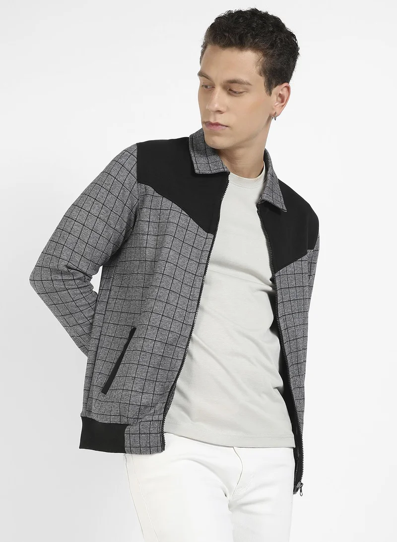 Campus Sutra Men's Grey Zip-Front Graph Checkered Jacket