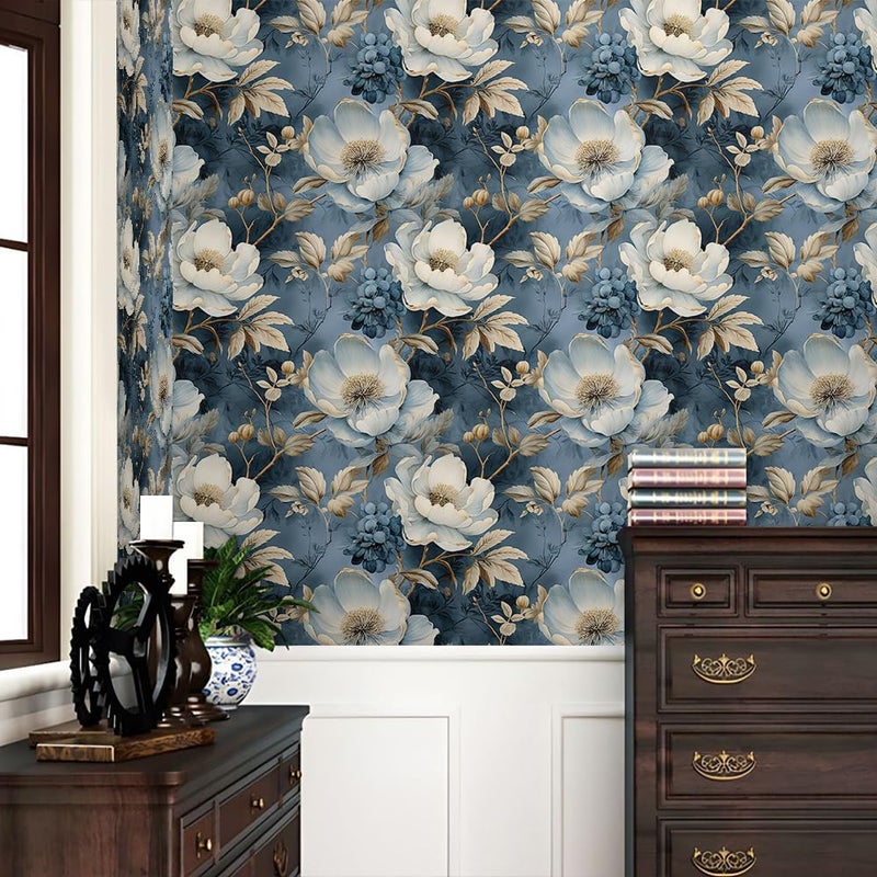 REDAMANCY White Blue Golden Yellow Vintage Floral Peel and Stick Wallpaper Stick on Contact Paper Vintage Wall Paper Easy Peel Off for nightstand Drawer Cabinet Renter - Image 2