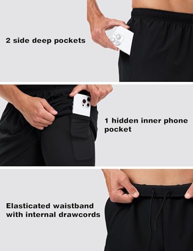 Naarts Men's 2 in 1 Athletic Running Shorts Quick Dry 5 Inch Lightweight Workout Gym Shorts with Liner and Pockets Black,Small - Image 3